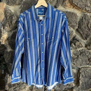 Wrangler Western Pearl Snap Button Shirt Men's XL Blue White Vtg